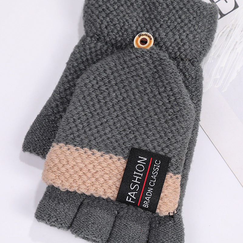 Cute Blue Korean Embroidered Half Finger Gloves