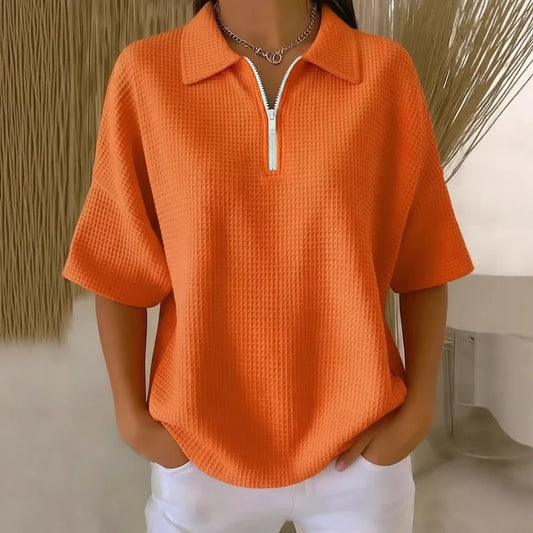 Pullover Drop-shoulder Half-zip Waffle-knit Short Sleeve