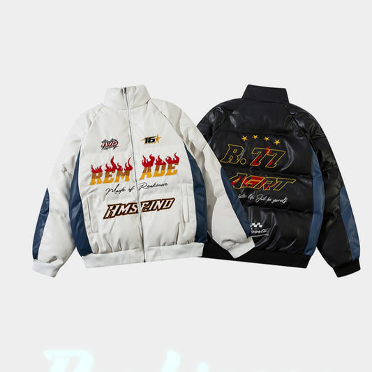 Men's Retro Letter Embroidered Patchwork PU Leather Cotton Jacket