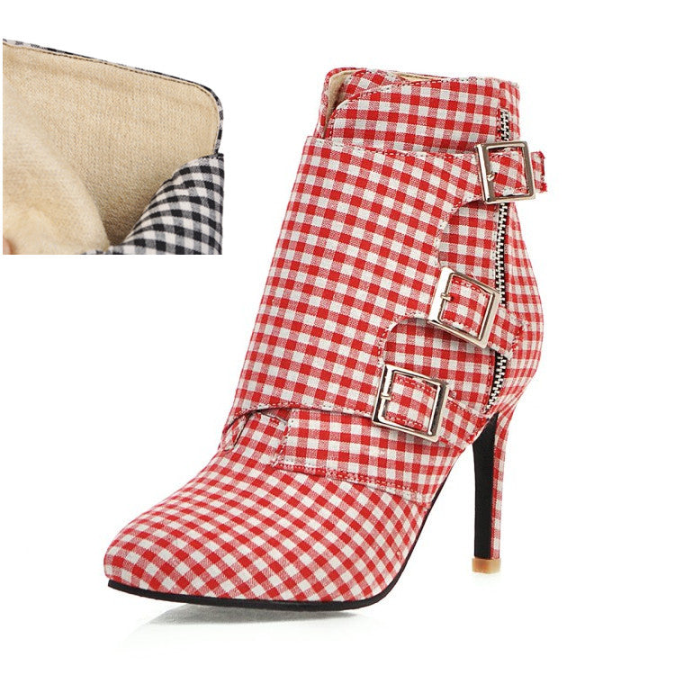 Women's Plaid Short High Heels Knight Boots