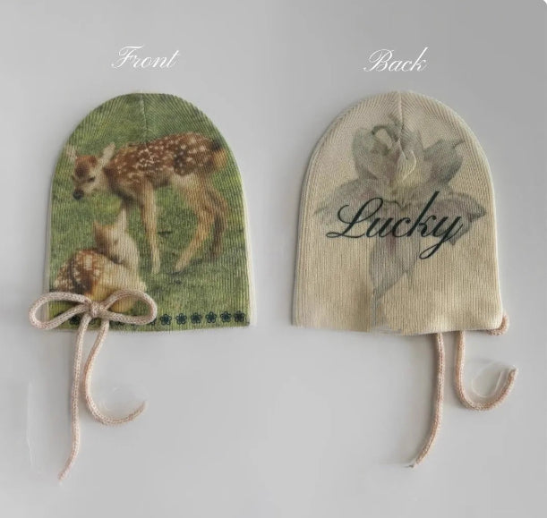 Printed Bow Knit Hat, Warm Ear-covering Beanie, Flattering And Versatile