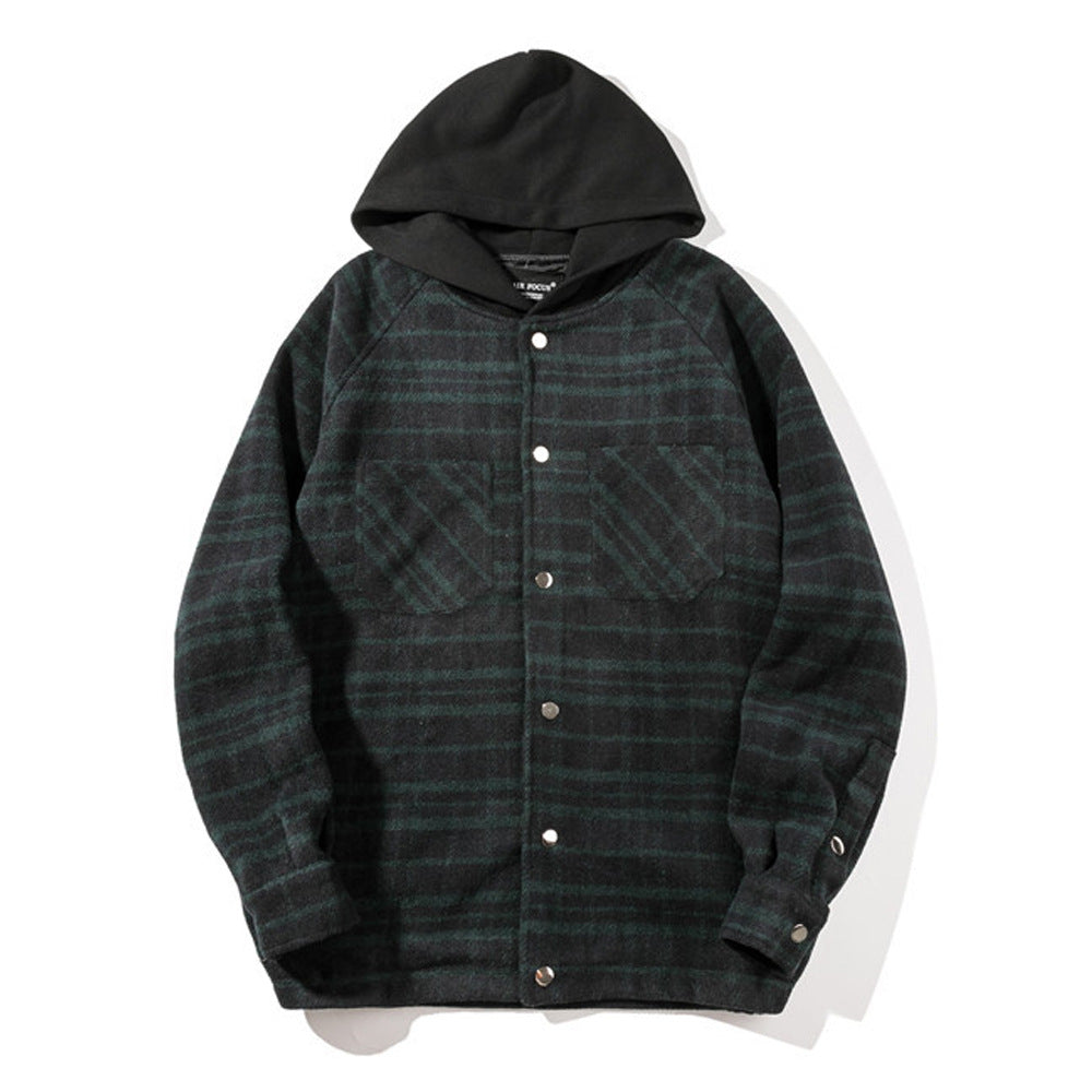 Color Matching Stitching Plaid Hooded Loose Cardigan Jacket European And American Style Hoodie