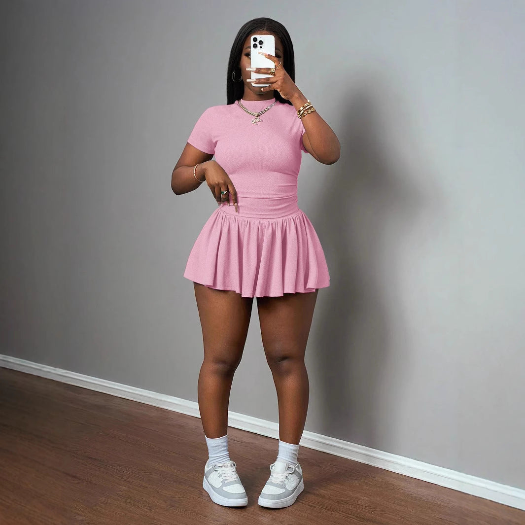 Elegant Women's Clothing Rib Round-neck Short Sleeves And Skirt Suit