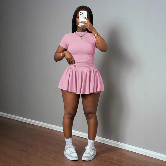 Elegant Women's Clothing Rib Round-neck Short Sleeves And Skirt Suit
