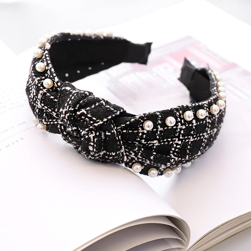 Pearl Headband Classic Ethnic Plaid Fabric