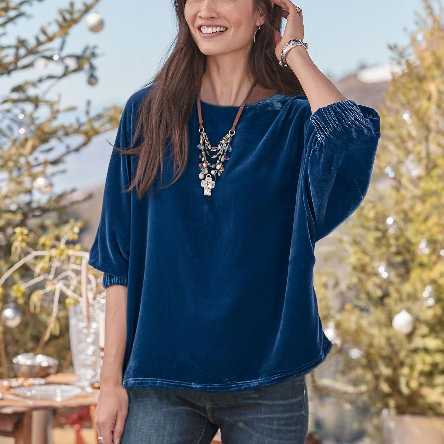 Crew-neck Drawstring Velvet T-shirt