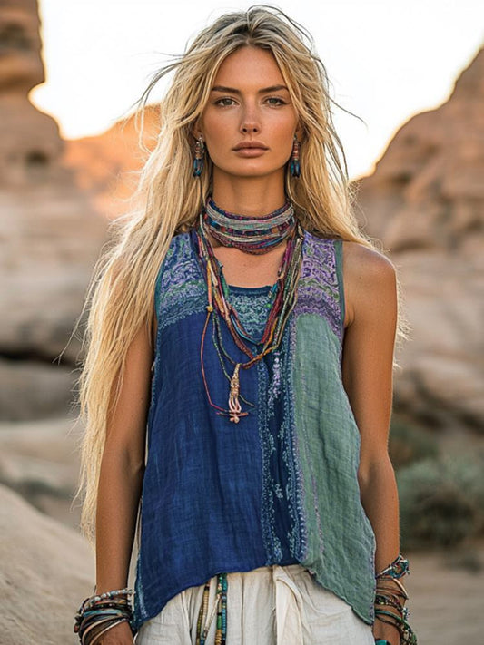 Crew-neck Tank Top With A Floral And Botanical Print