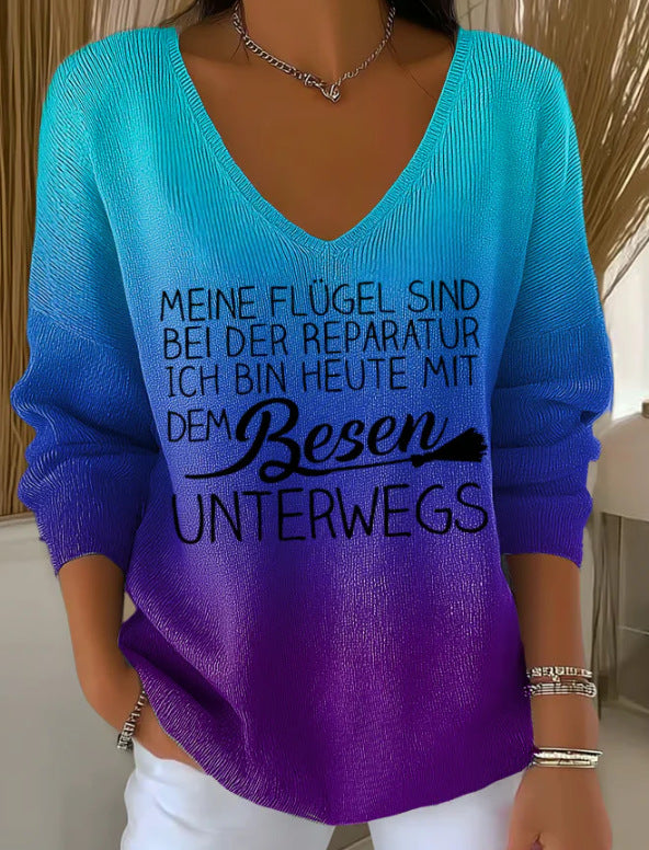 Womens Ribbed V-neck Three-quarter-sleeve Loose-fit T-shirt