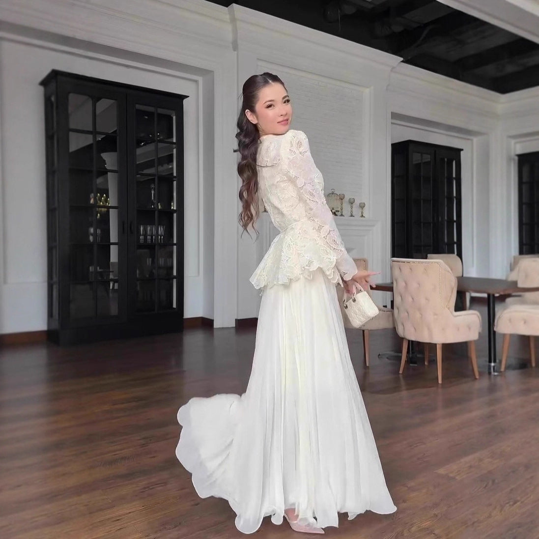 Elegant, Sophisticated Long-sleeve Dress And Skirt Set