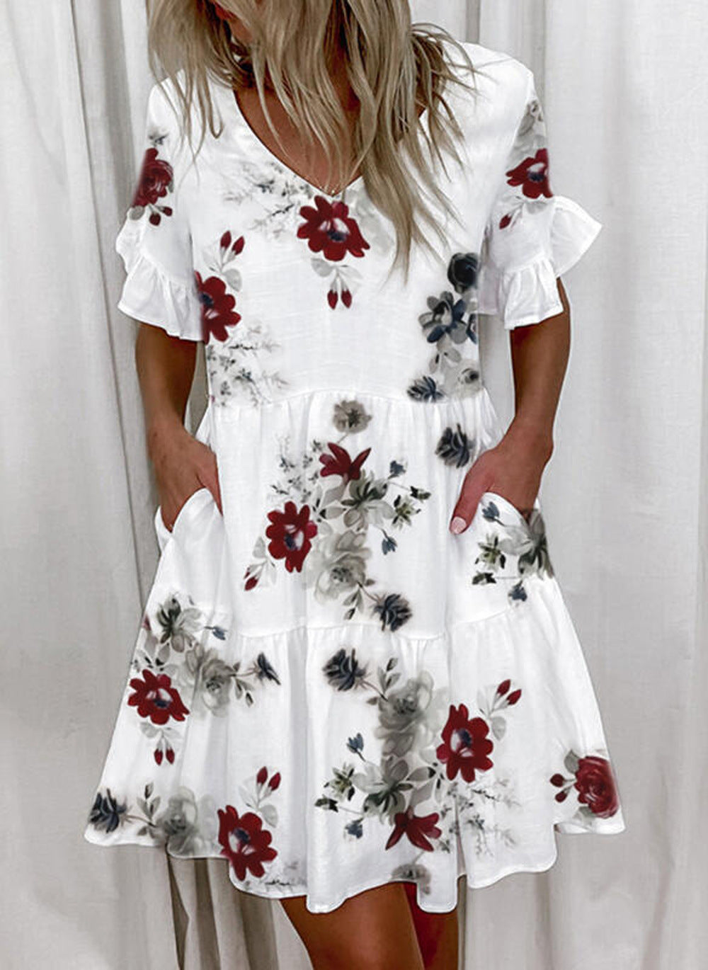 Fashion Printed Ruffle Pocket Short Dress