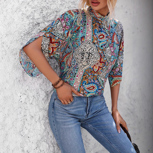 Paisley-print V-neck Loose-fit Long-sleeve Womens Blouseundershirt