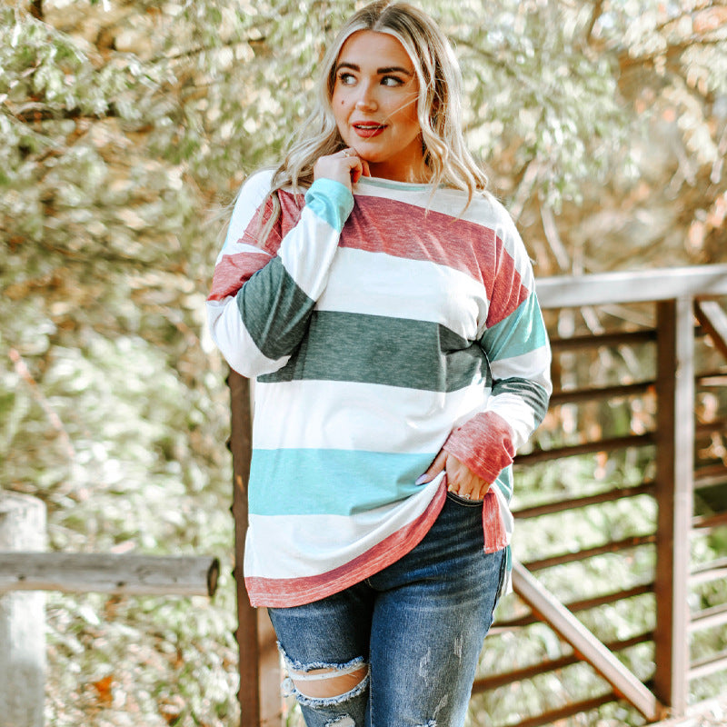 Green Plus Size Color Block Loose Long Sleeve Top