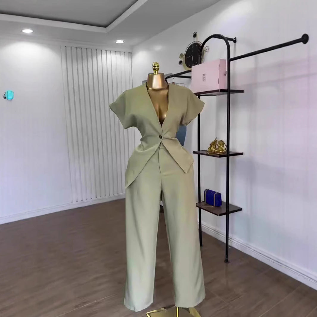 Short-Sleeve Single-Breasted Blazer With Straight-Leg Pants Set