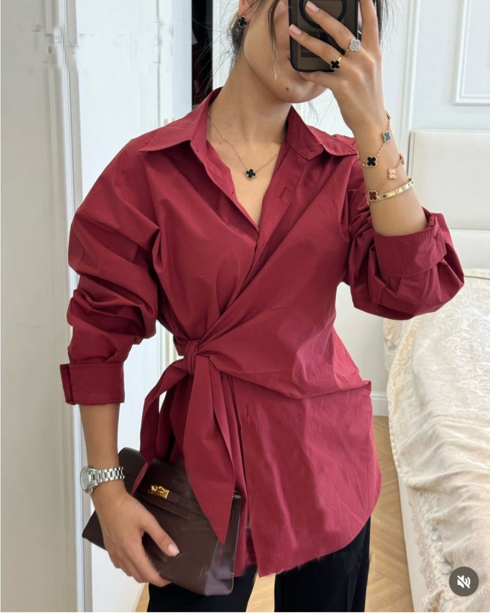 Turn-down Collar Single-breasted Tie-waist Slimming Shirt