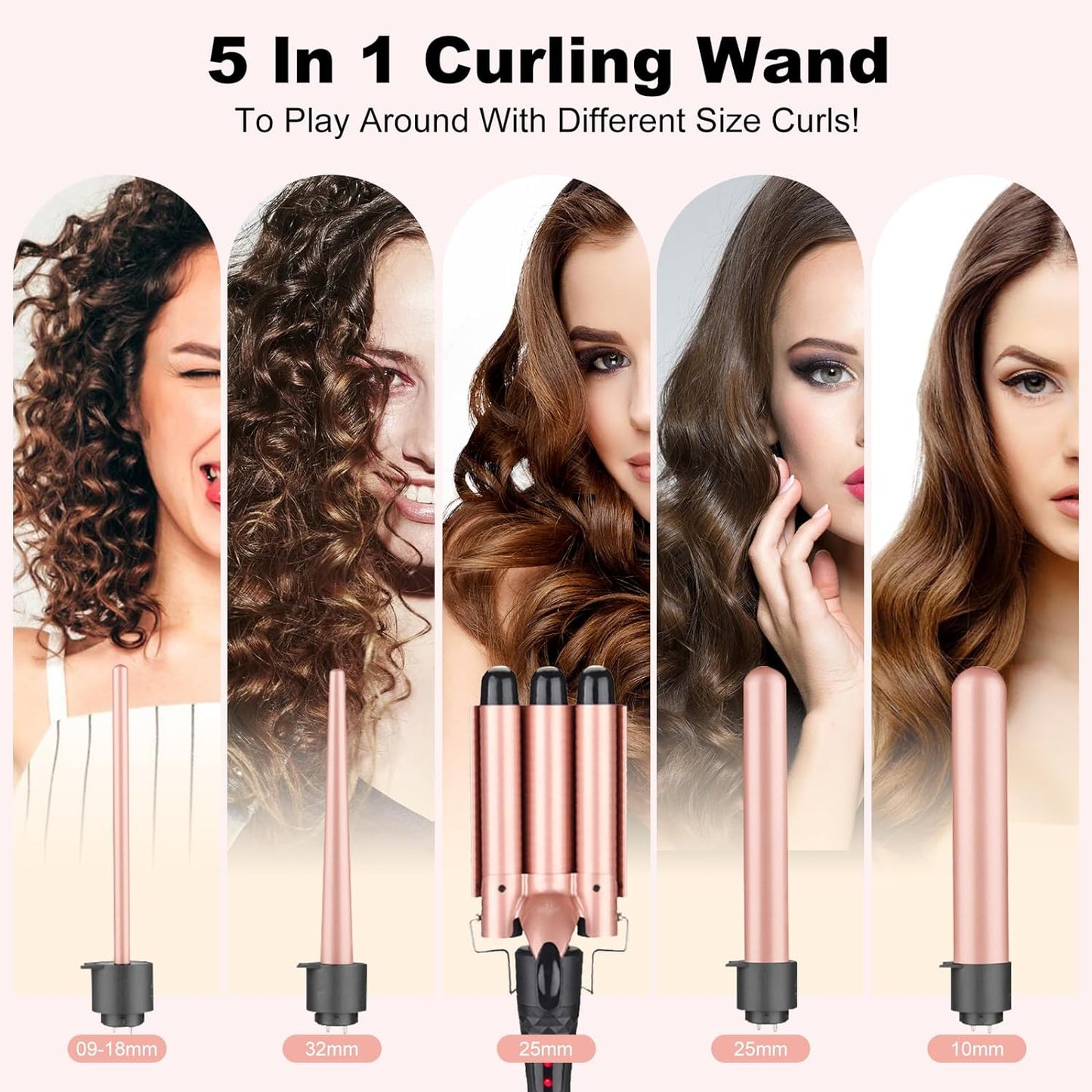 Rizador De Cabello, Rizador Profesional De Cabello De 9-32 Mm, Rizos Intercambiables Multifunción 5 En 1, Calentamiento Instantáneo Con Guante Protector Contra Para Cabello Largo Y Corto