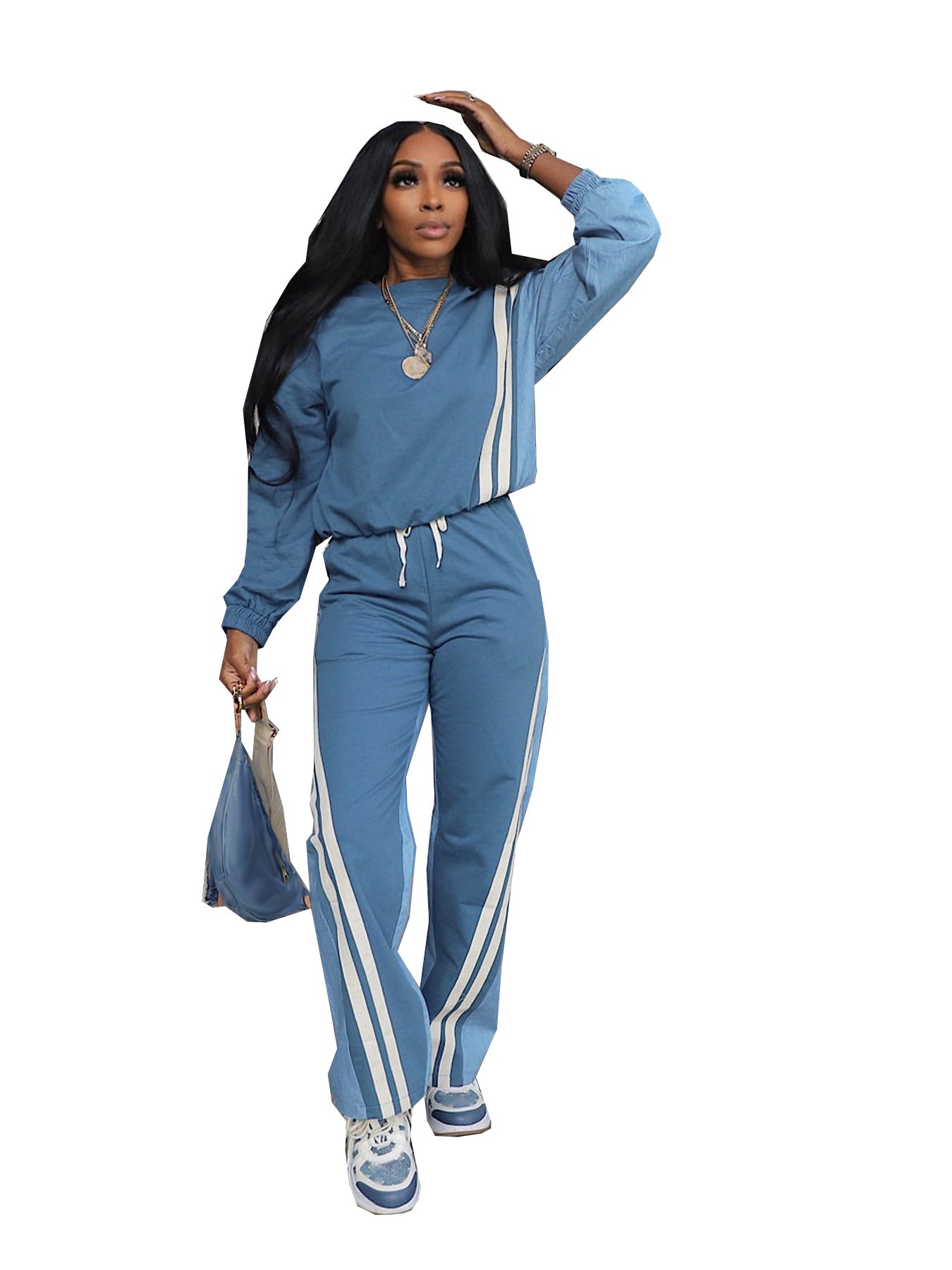 Sporty Color-blocked Faux Denim Striped Long-sleeve Hoodie With Drawstring Pants Two-piece Set