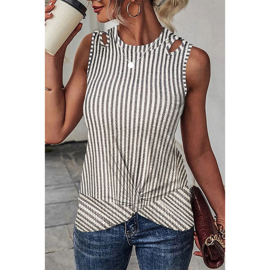 Women's Round Neck Sleeveless Hollow-out Striped Printed Vest