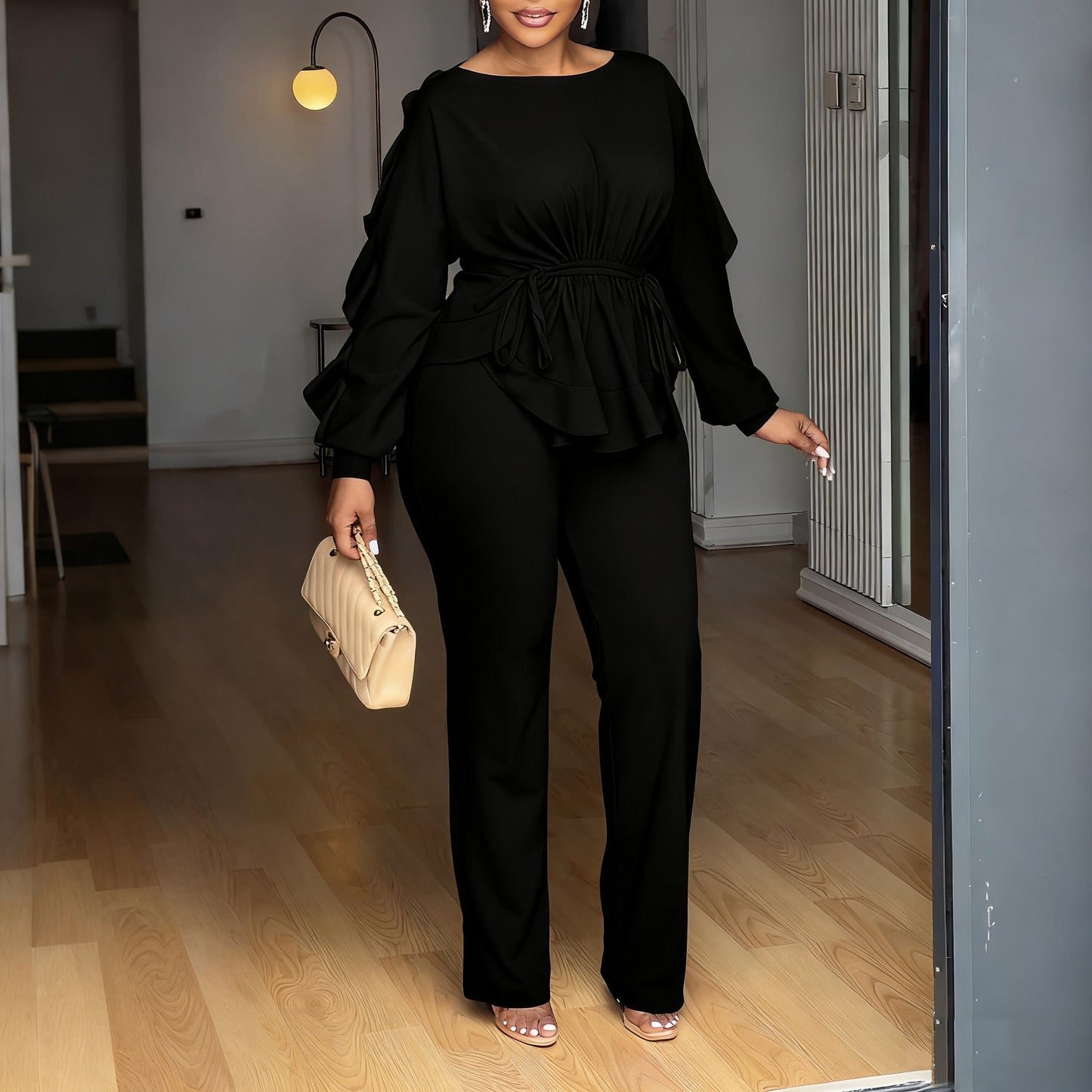 Ruffled Drawstring Long Sleeve Waist-controlled Top Pants
