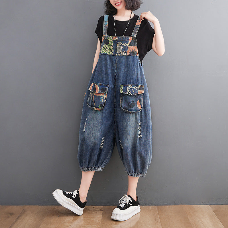 Denim Overalls Shorts Women's Fat Mm Print Stitching