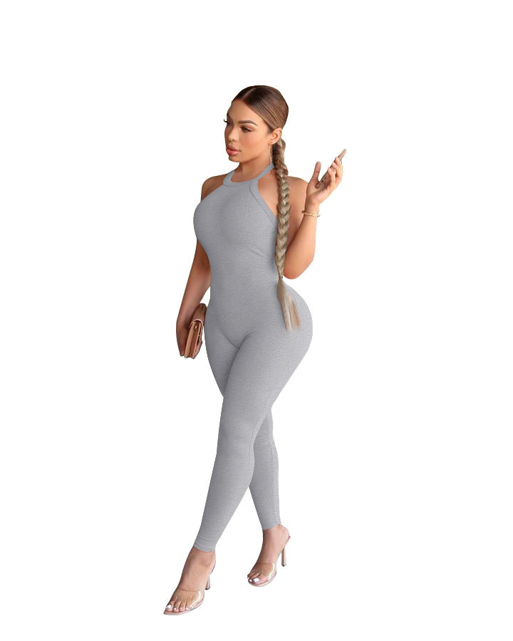 Women's Sling Pure Color Tight High Top Sports Jumpsuit