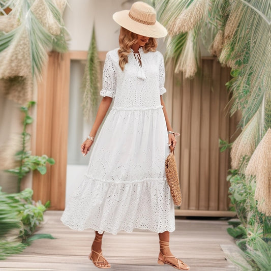 Cross-tie Spliced Long A-line Dress Elegant And Office-appropriate