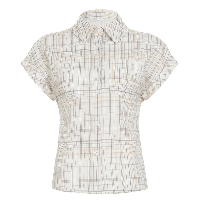 British Style Wooden Ear V-neck Plaid Shirt Elegant Waist Button Puff Sleeve Top