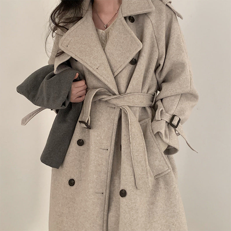 Double Breasted Lace-up Waist-controlled Slimming Mid-length Woolen Coat