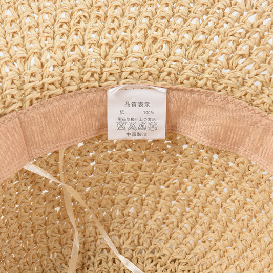 Pearl Decoration Hand Crochet Paper Straw Hat Foldable Big Brim Sunshade Beac