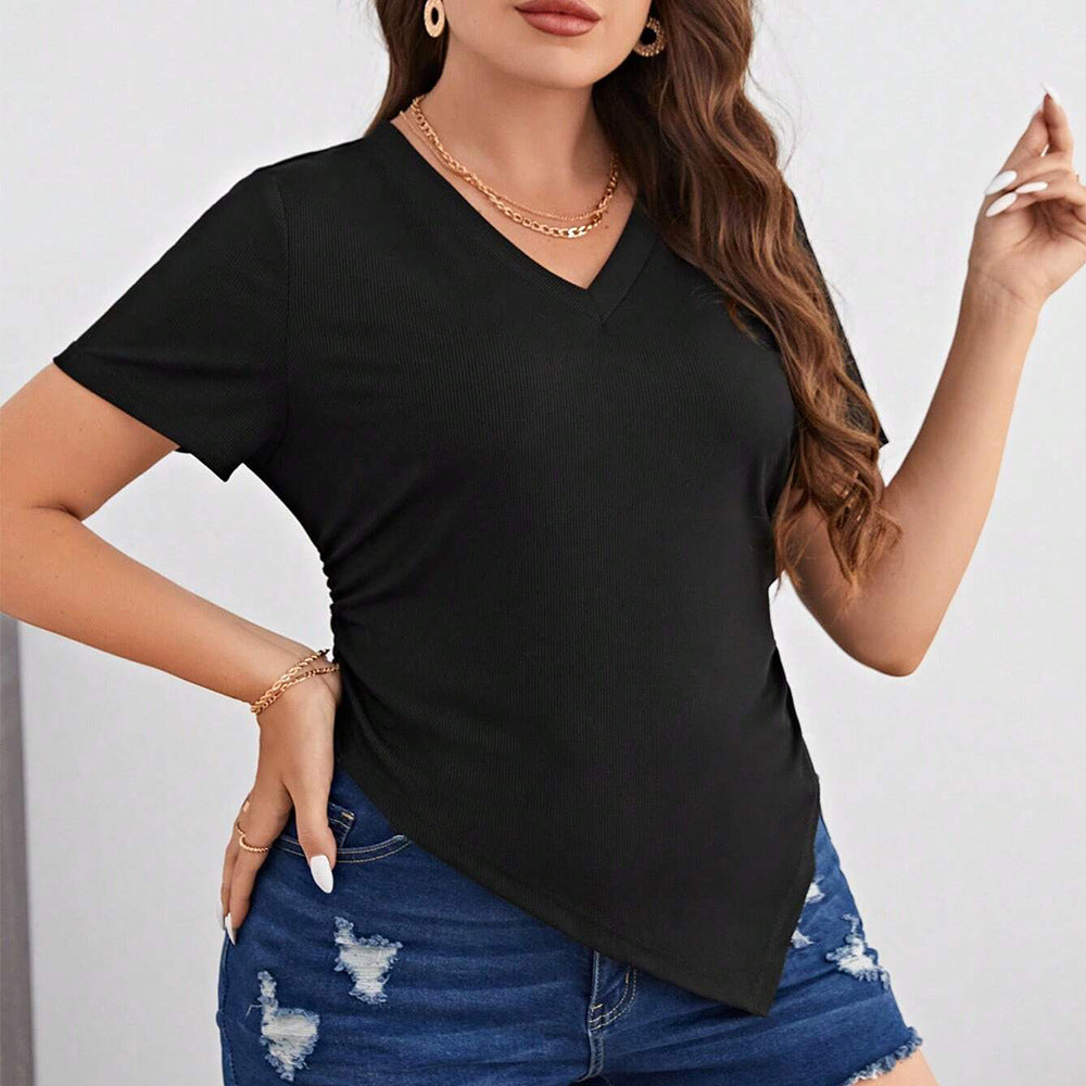 Women's Sexy V-neck Irregular Hem Slim Fit Knitted Short Sleeve Top
