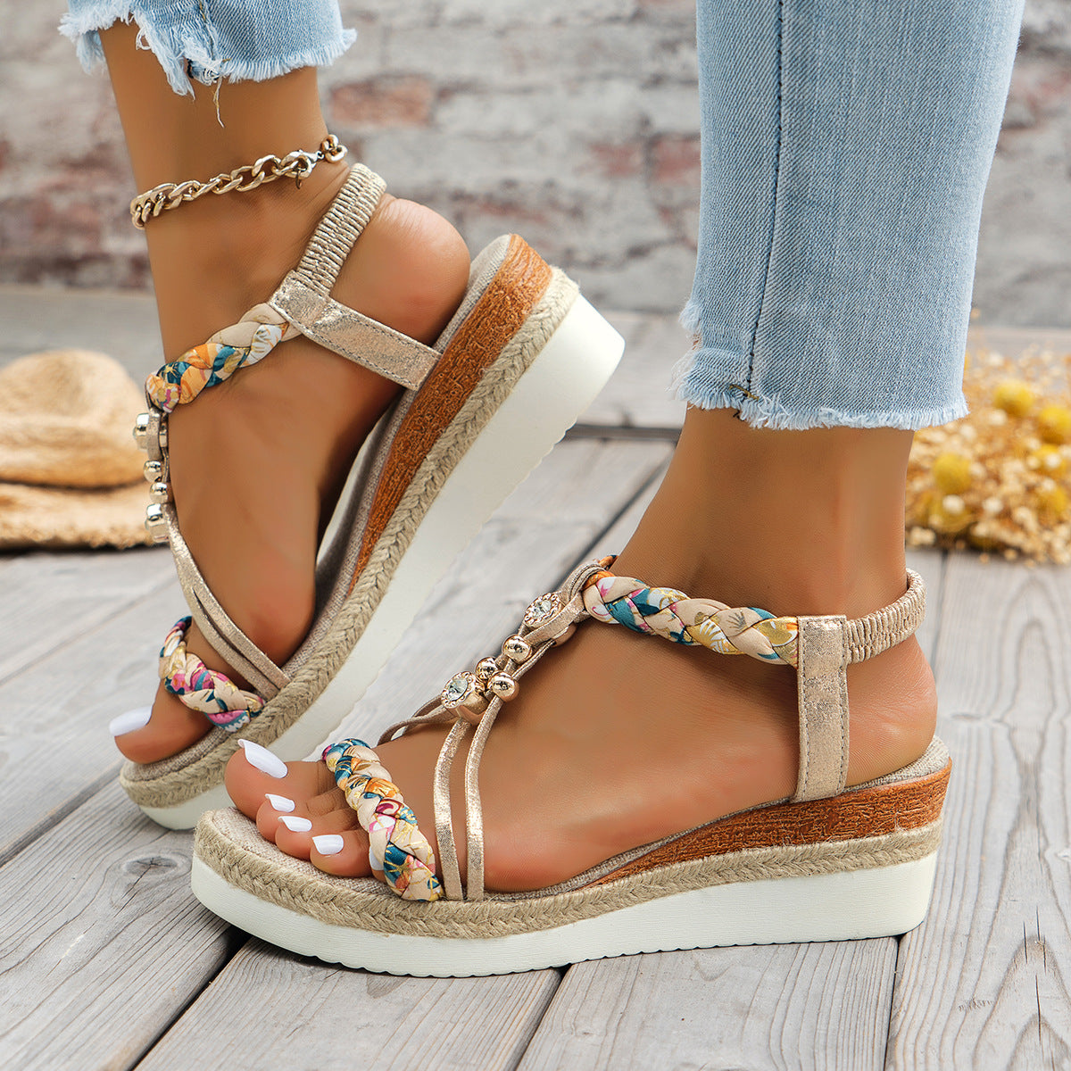 Rhinestone Ornament Wedge Stylish Beach Women's Elastic Strap Sandals