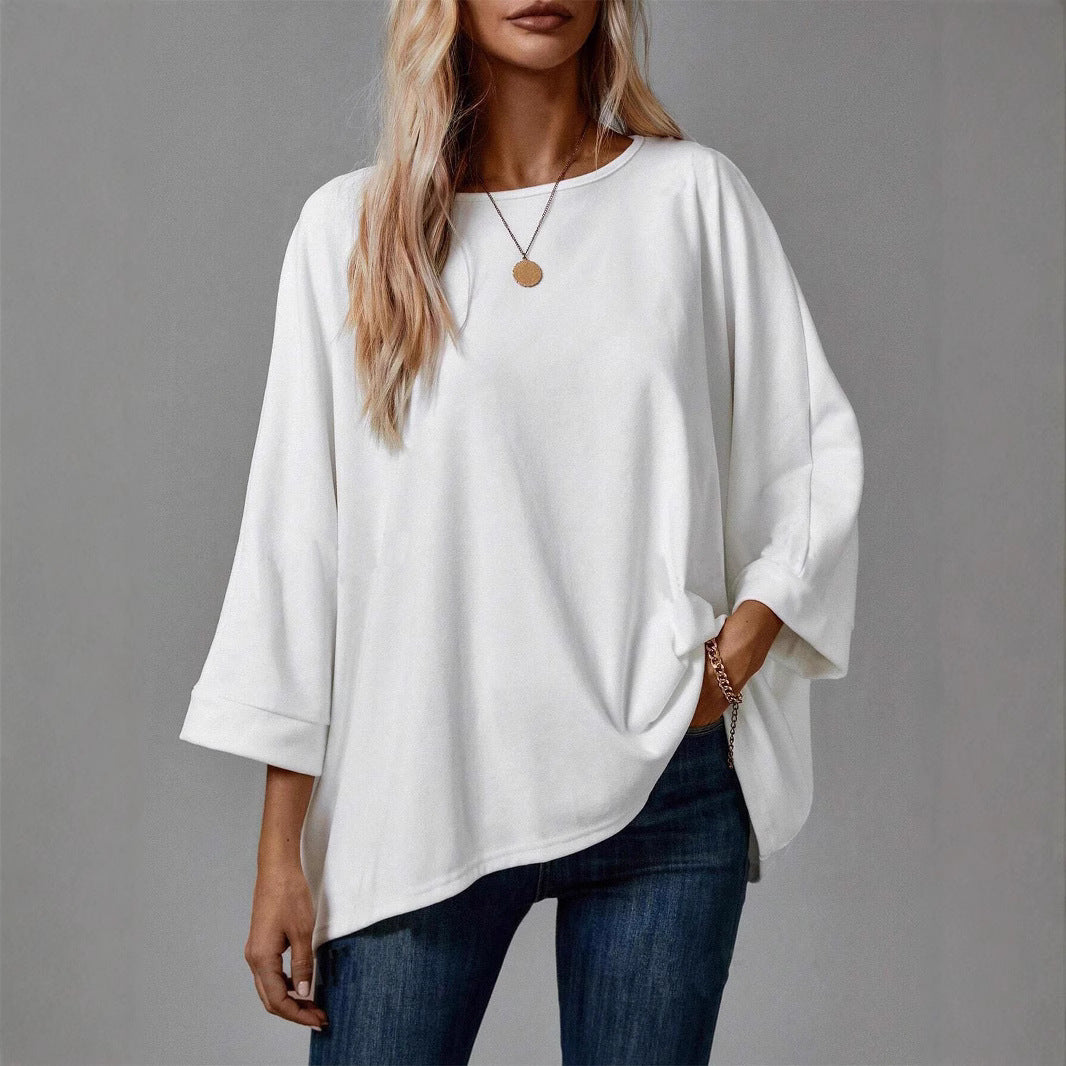 Dame ensfarvet pullover T-shirt med rund hals