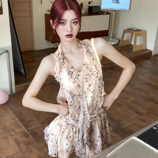 Leopard-print Halter Top With Ruffled Hem Womens Sultry Summer Dress