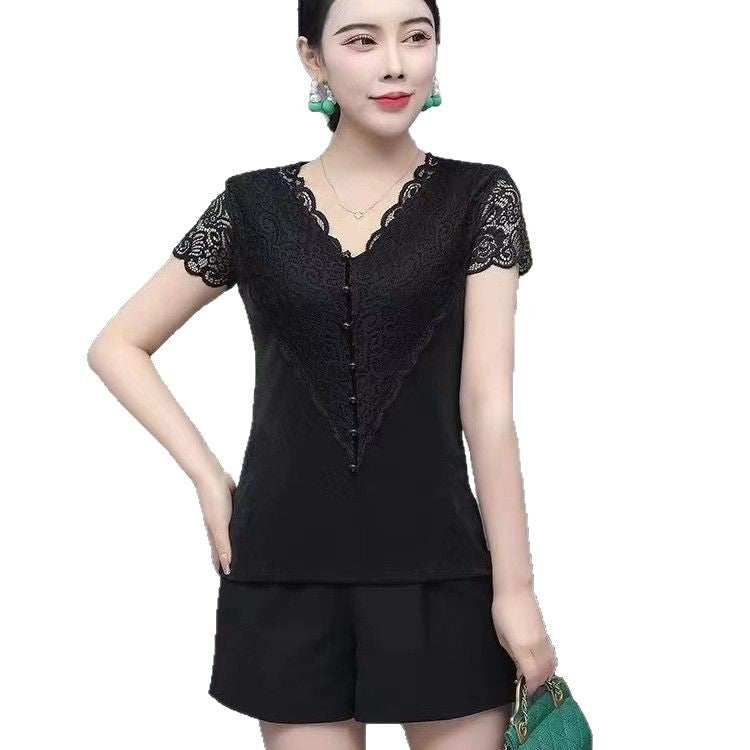 Lace Hollow-out Elegant Slimming Beading Lace Short-sleeved Top