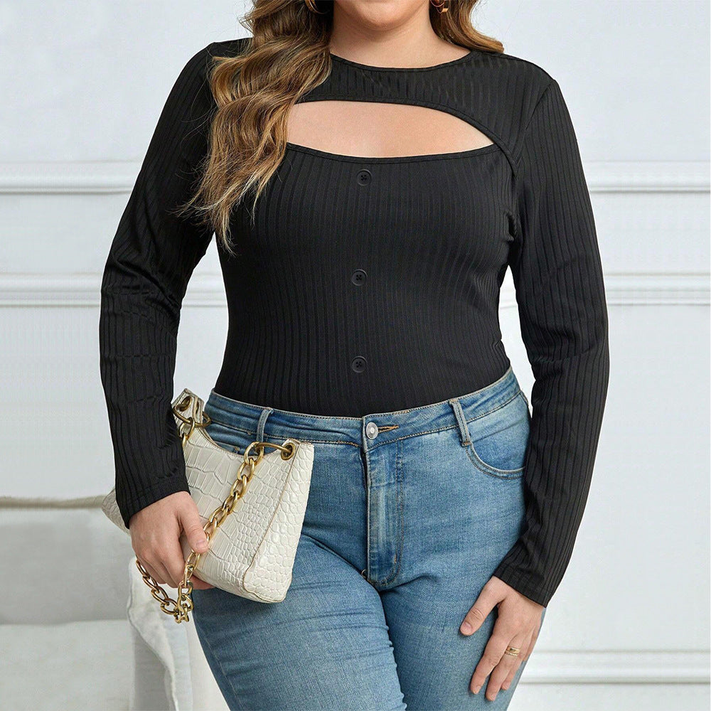 Women's Slim Fit Round Neck Sexy Hollow Long Sleeve Versatile Top