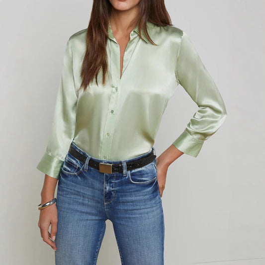 Satin Rayon Shirt Women's Solid Color Top Elegant Lapel