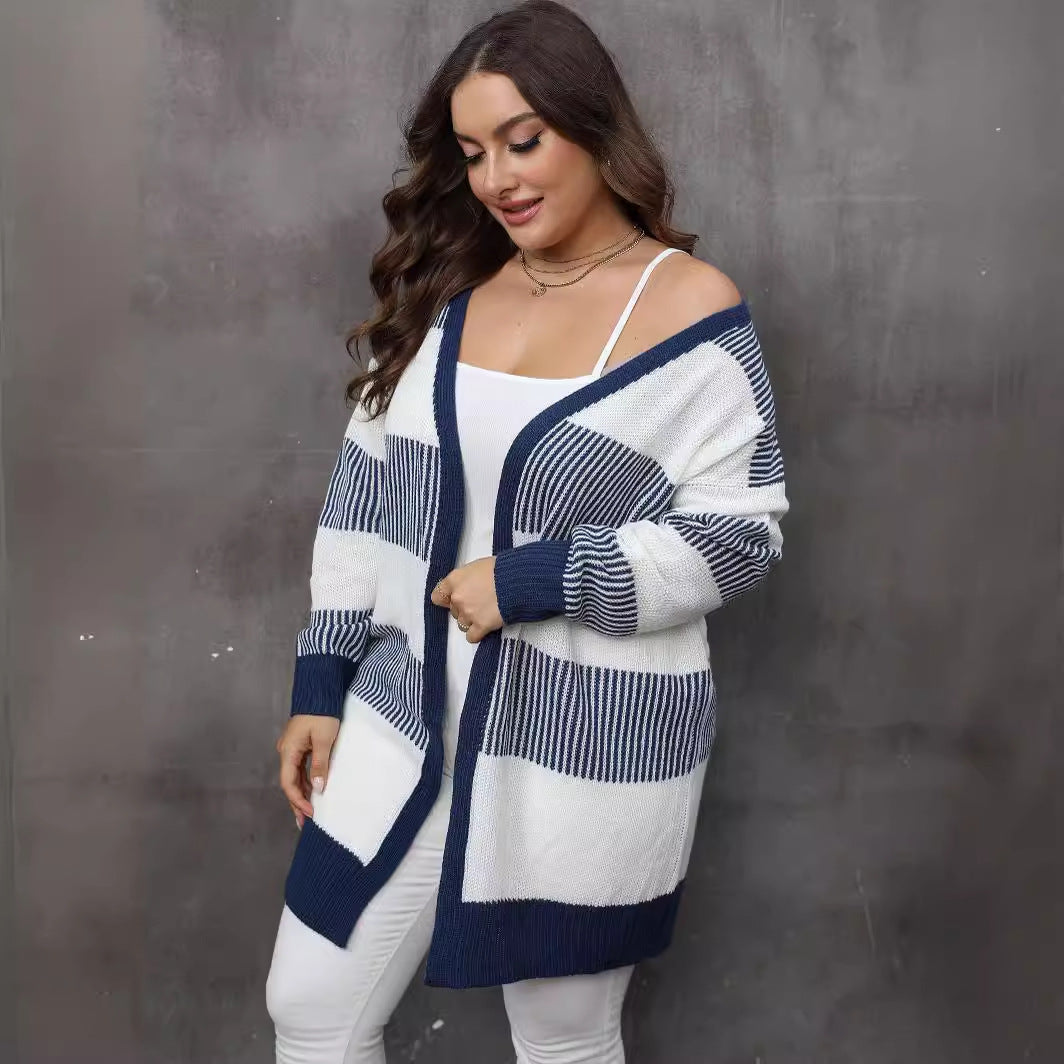 Contrast Color Striped Stitching Woven Casual Sweater Coat