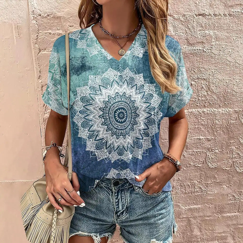 Women's Printed Short-sleeved Casual Top Street V-neck