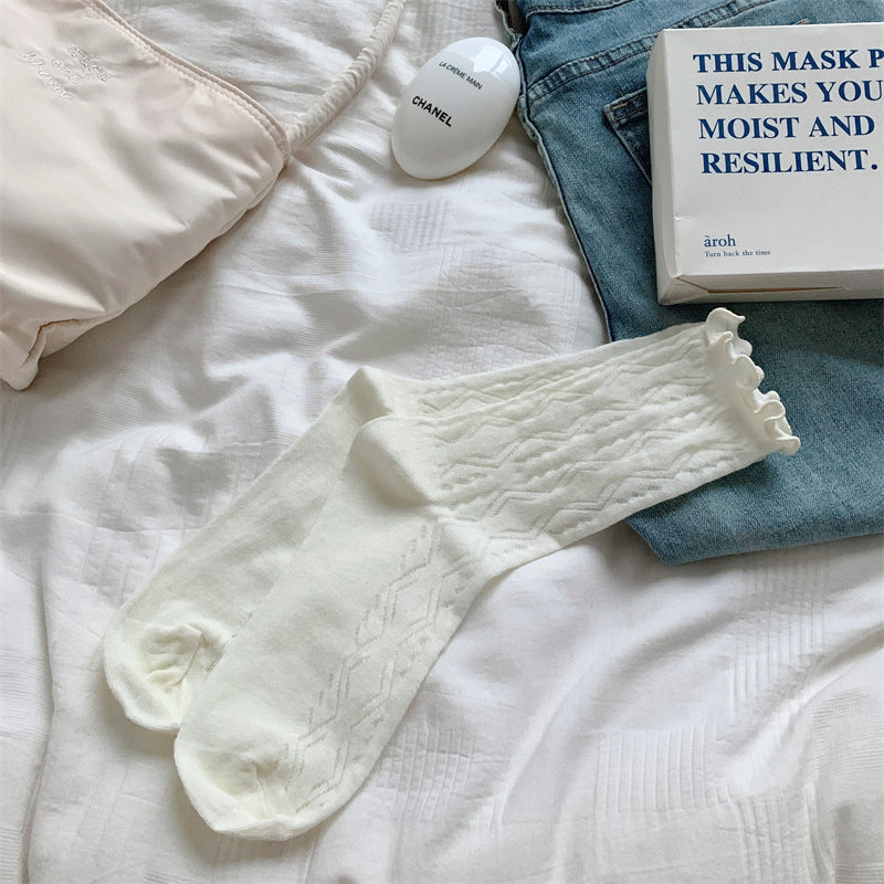 Thin Mesh Solid Color Hollow Wooden Ear Mid-calf Length Loose Socks Breathable Sweat Absorbing