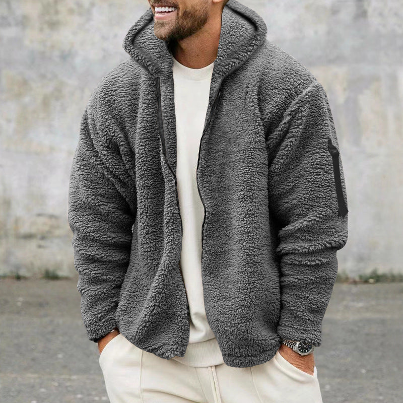 Men's Double-sided Polar Fleece Warm Hooded Zip-up Jacket