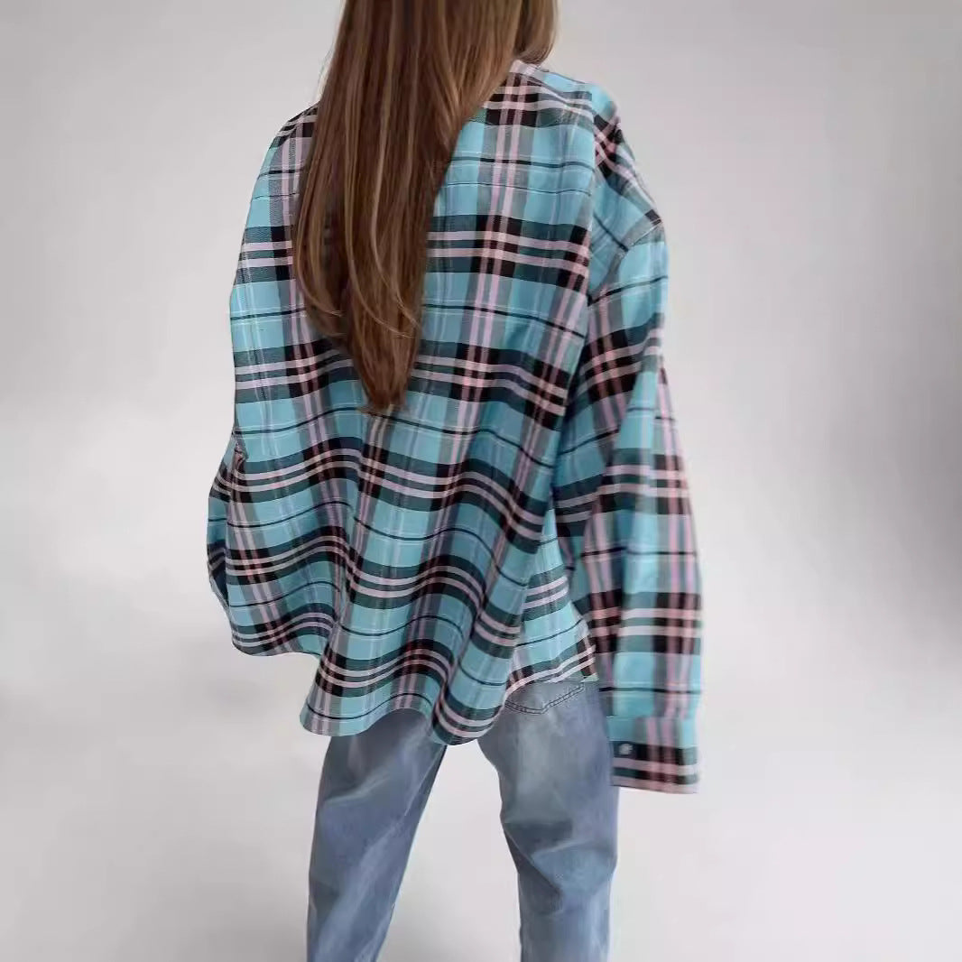 Casual Loose Design Plaid Shirt Women's Clothing