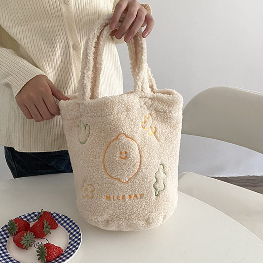 Plush Cartoon Embroidery Small Bucket Portable Handbag