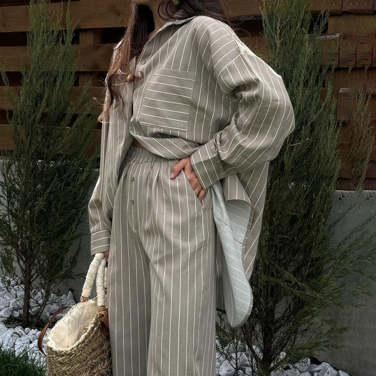 New Stylish Striped Set Loose-fitting Long-sleeve Shirt And Wide-leg Pants