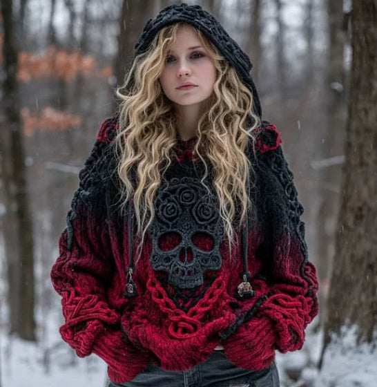 Drop-Shoulder Vintage Womens Printed Loose Hooded Top