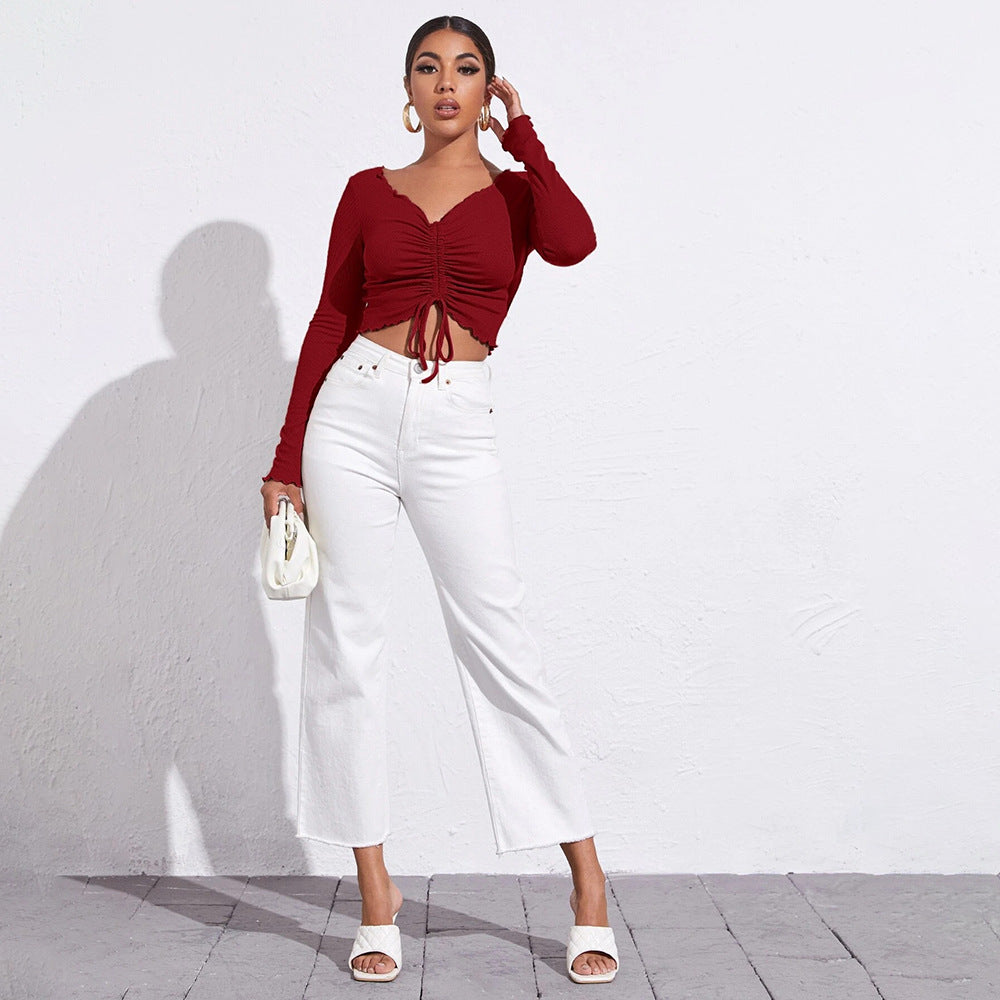 Casual V-neck Ruched Slim-fit Ultra-short Knit Long-sleeve Women's T-shirt