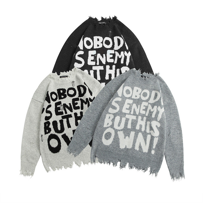 Street Fashion Make Old Ripped Letter Jacquard Burr Knitted Pullover