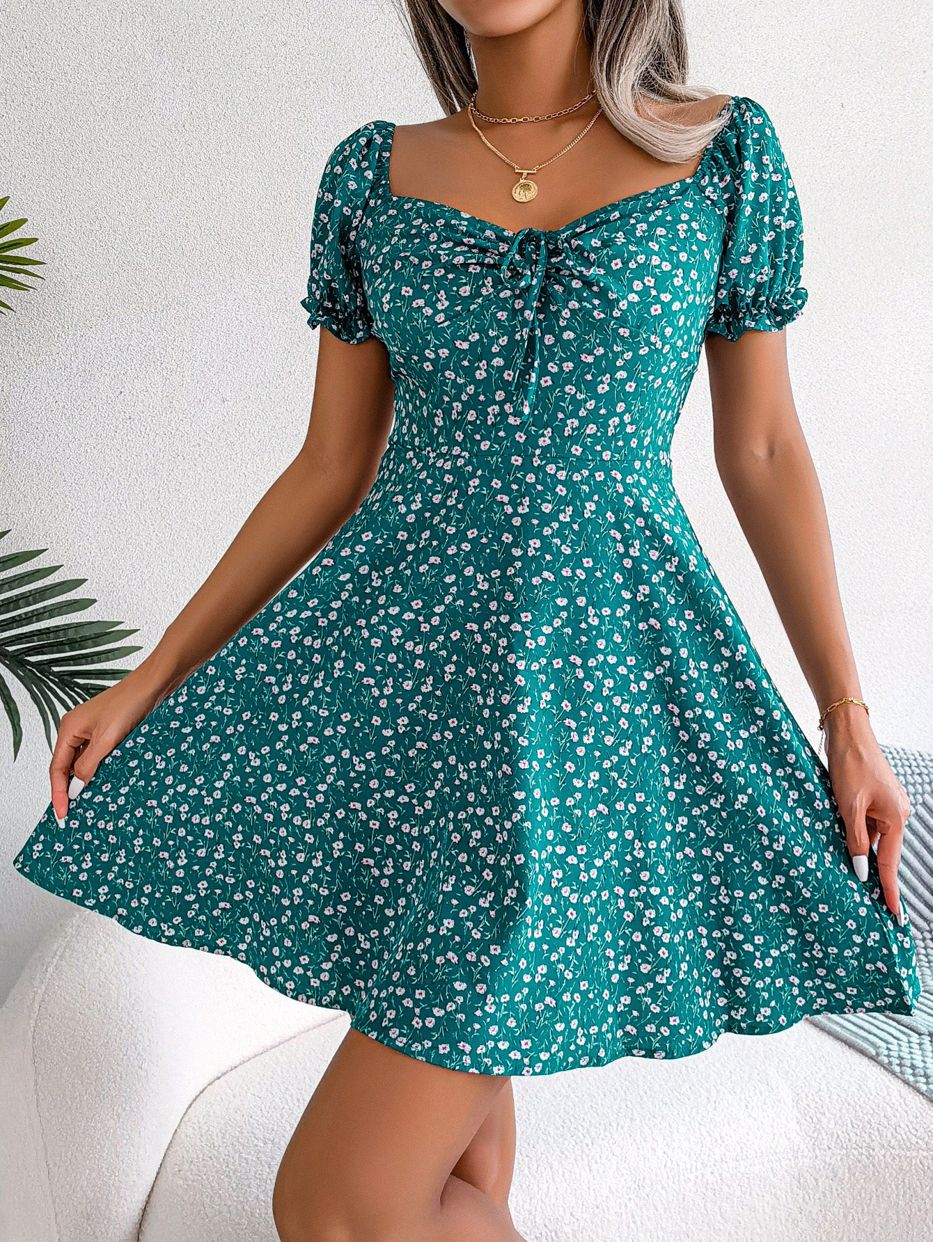 Women   Casual Bell Sleeve Drawstring Tie Flowy Floral Print Dress