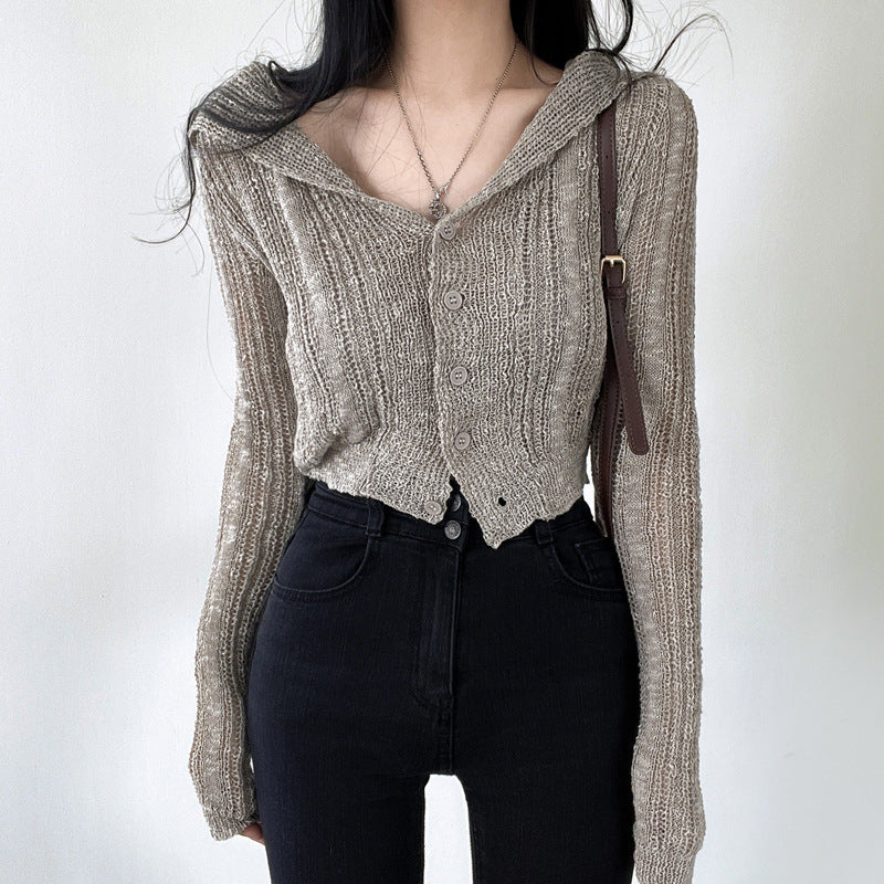 Retro V-hals Enkeltradet Langærmet Kort Strikket Cardigan Top
