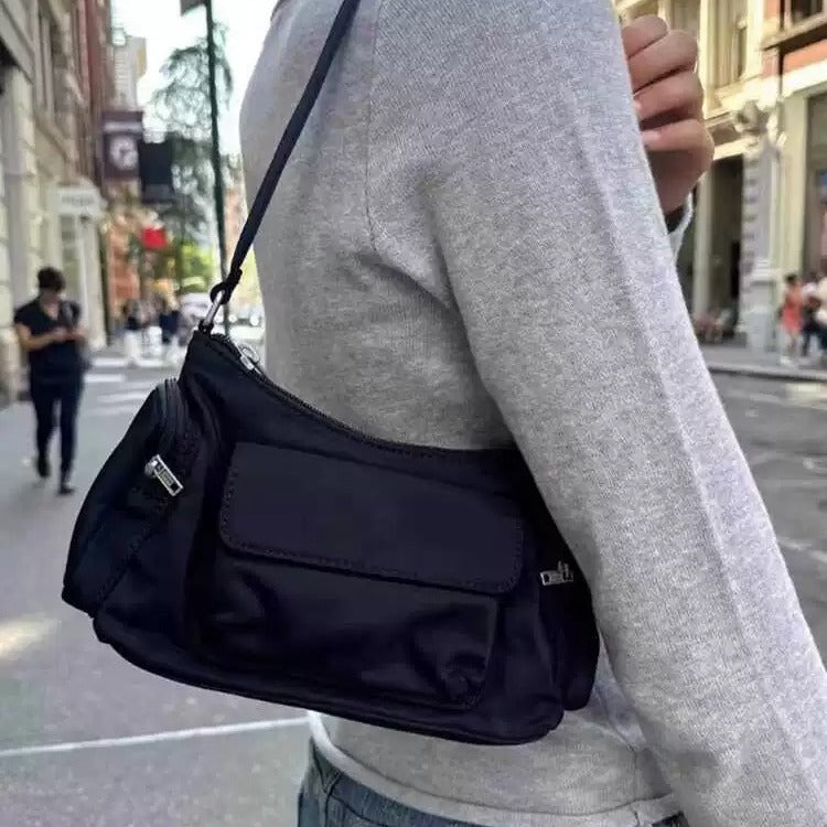 Nylon Simple Black Lightweight Double Pocket Bag