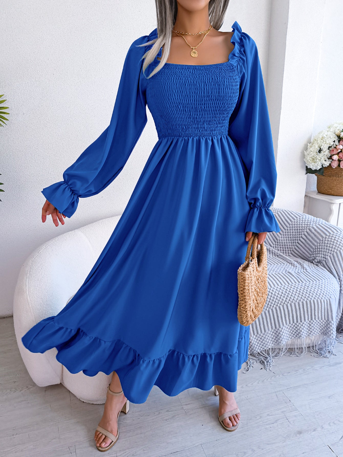 Women's Casual Square Neck Bell Sleeve Flowy Ruffle Maxi Dress