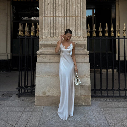 V-neck Lace-panel Long Satin Slip Dress